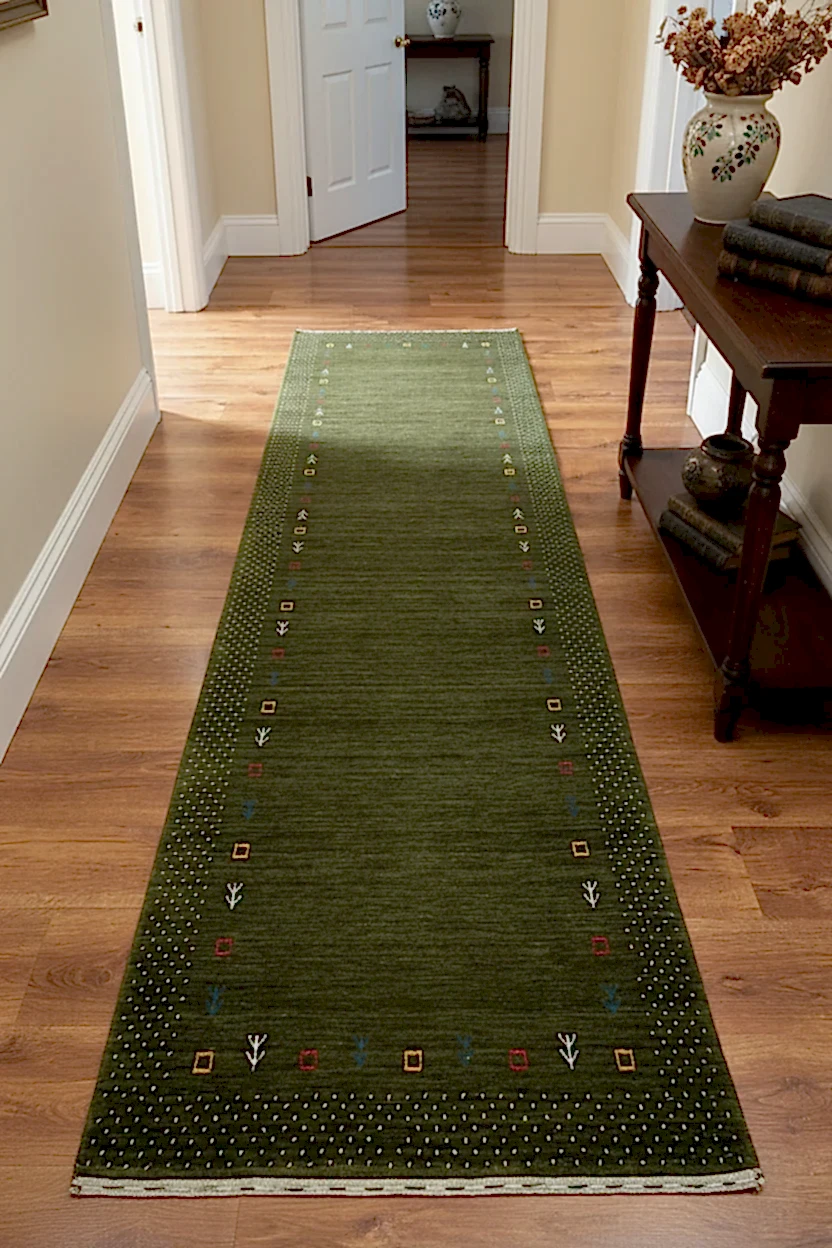 Lori El Dokuma Yeşil Yün Halı Yolluk