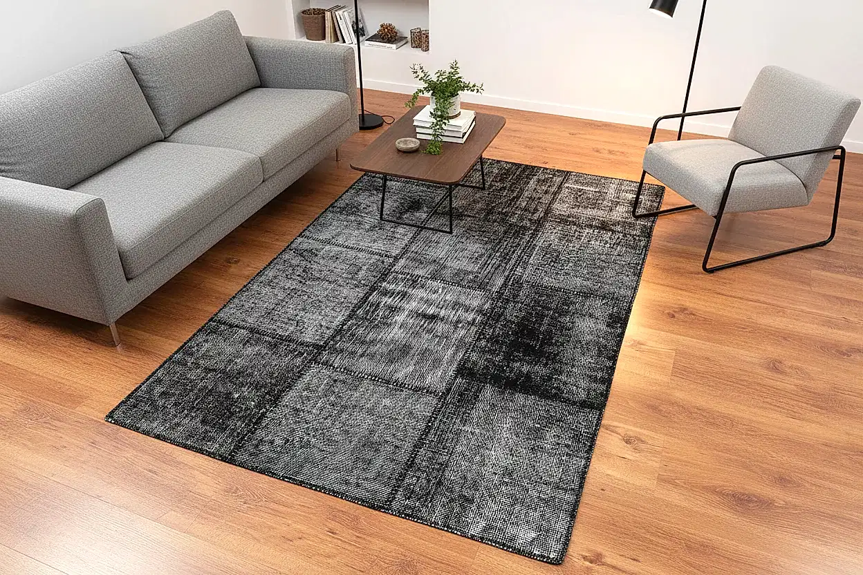 Patchwork Siyah El Dokuma Halı