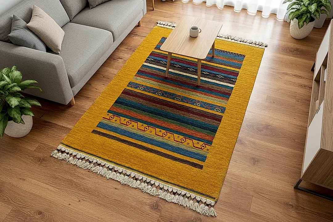 Tribal El Dokuma Sarı Yün Halı