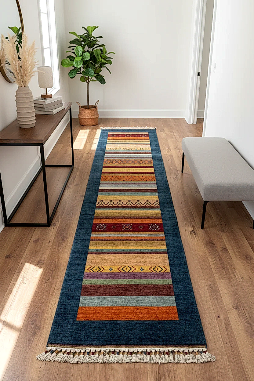 Tribal El Dokuma Mavi Yün Halı Yolluk