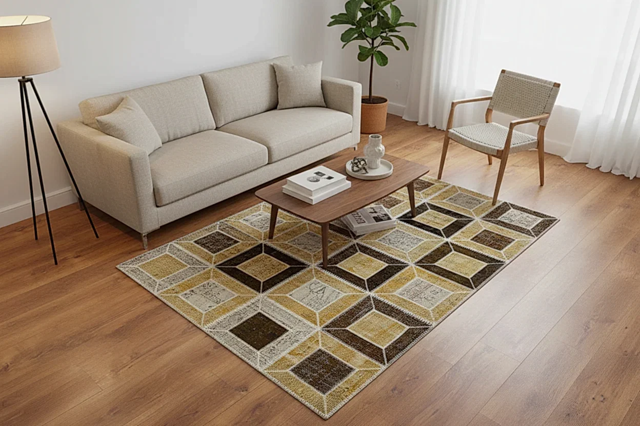 Patchwork Sarı Kahverengi El Dokuma Halı