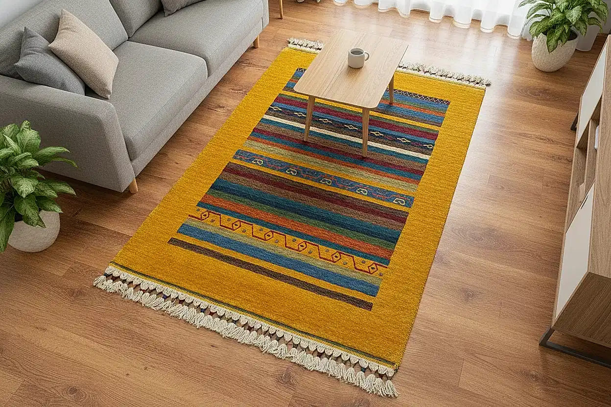 Tribal El Dokuma Sarı Yün Halı