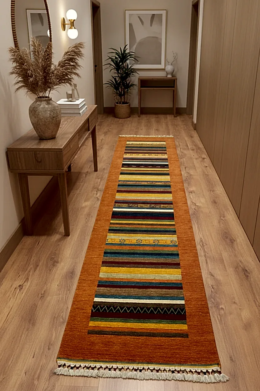 Tribal El Dokuma Turuncu Yün Halı Yolluk