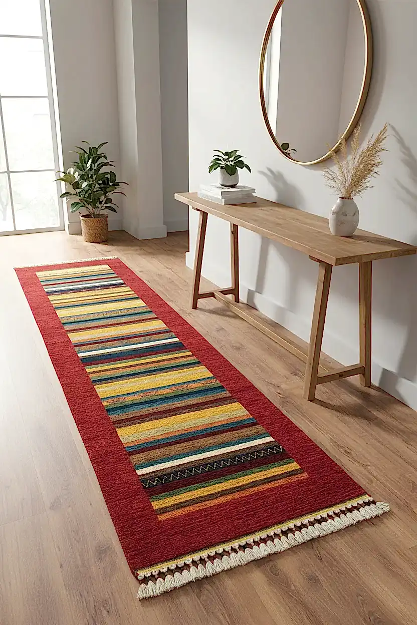 Tribal El Dokuma Kırmızı Yün Halı Yolluk