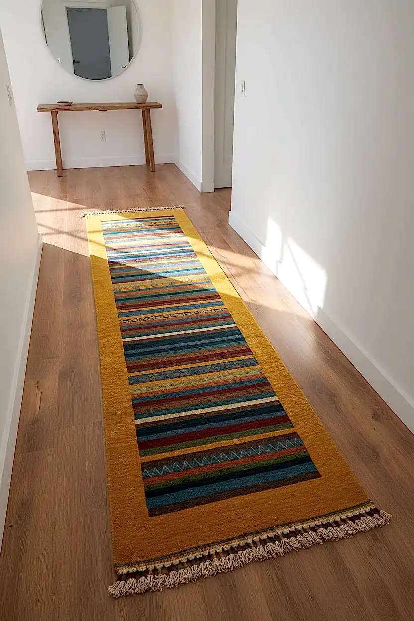 Tribal El Dokuma Sarı Yün Halı Yolluk